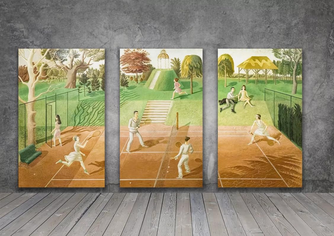 Eric Ravilious Tennis triptych full set - 3x A4 Canvas - Triptych mounted on pine frames readu to hang BensArt Triptych set 3 Three Stretched Mounted Multi Panel Wall Art Classic Picture Arts Abstrac
