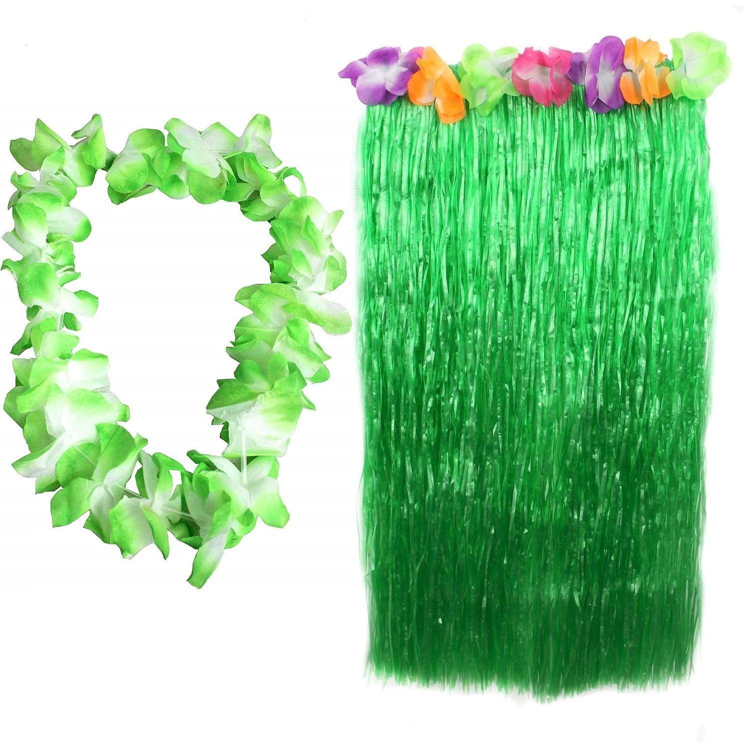 Hawaiian Skirt + Coloured Lei 2 Piece Fancy Dress Accessory Set 80 Cm Skirt Hawaii Hula Luau Costume Beach Party Outfit (Green)