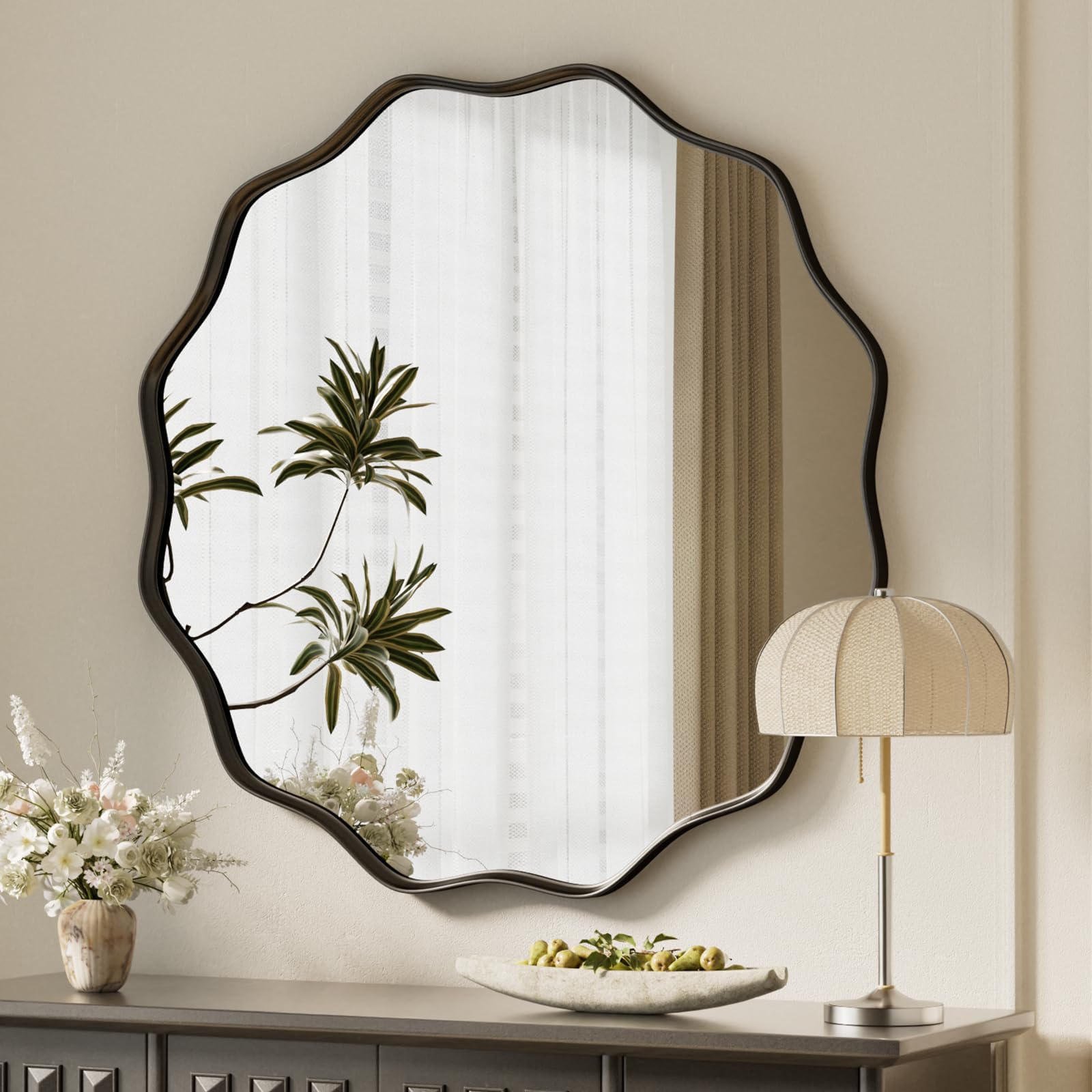 Black Scalloped Circle Mirror, 30" Wavy Edge Round Wall Mirror with Tempered Glass Textured Circular Metal Deep Frame, Hanging Leaning for Bathroom, Hallway, Entryway, Livng Room