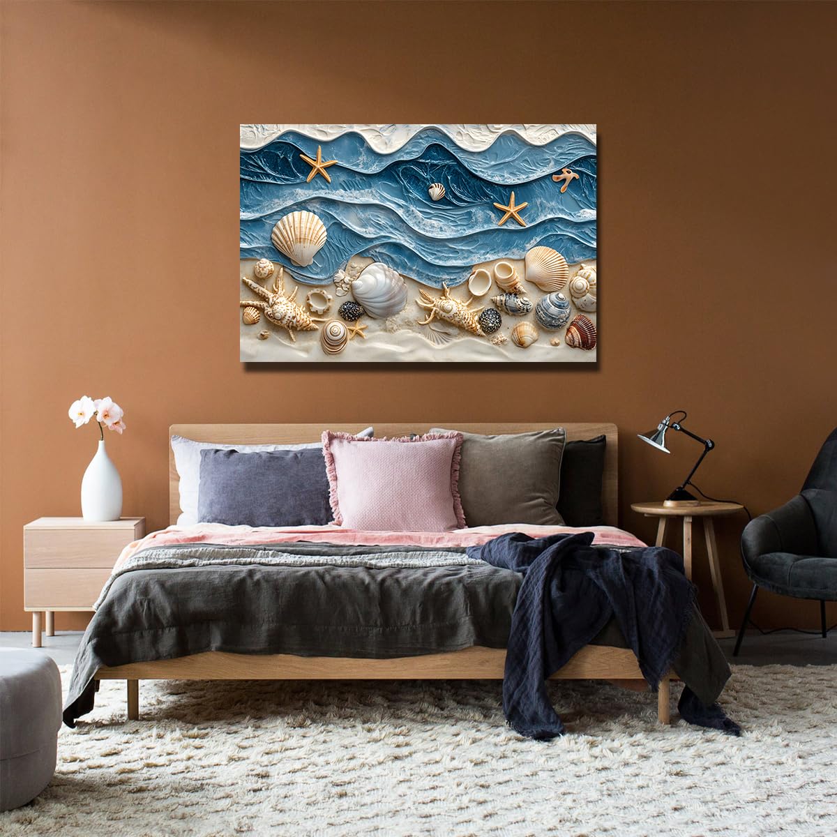 Fale oceanu Muszle Wall Art Wall Art Beach Theme Muszle Morskie Nadmorskie Drukowanie Nadmorskie Plakaty Nadmorskie Dzieła Sztuki Do Salonu Łazienka Decor 70 x 110 cm Rama wewnętrzna