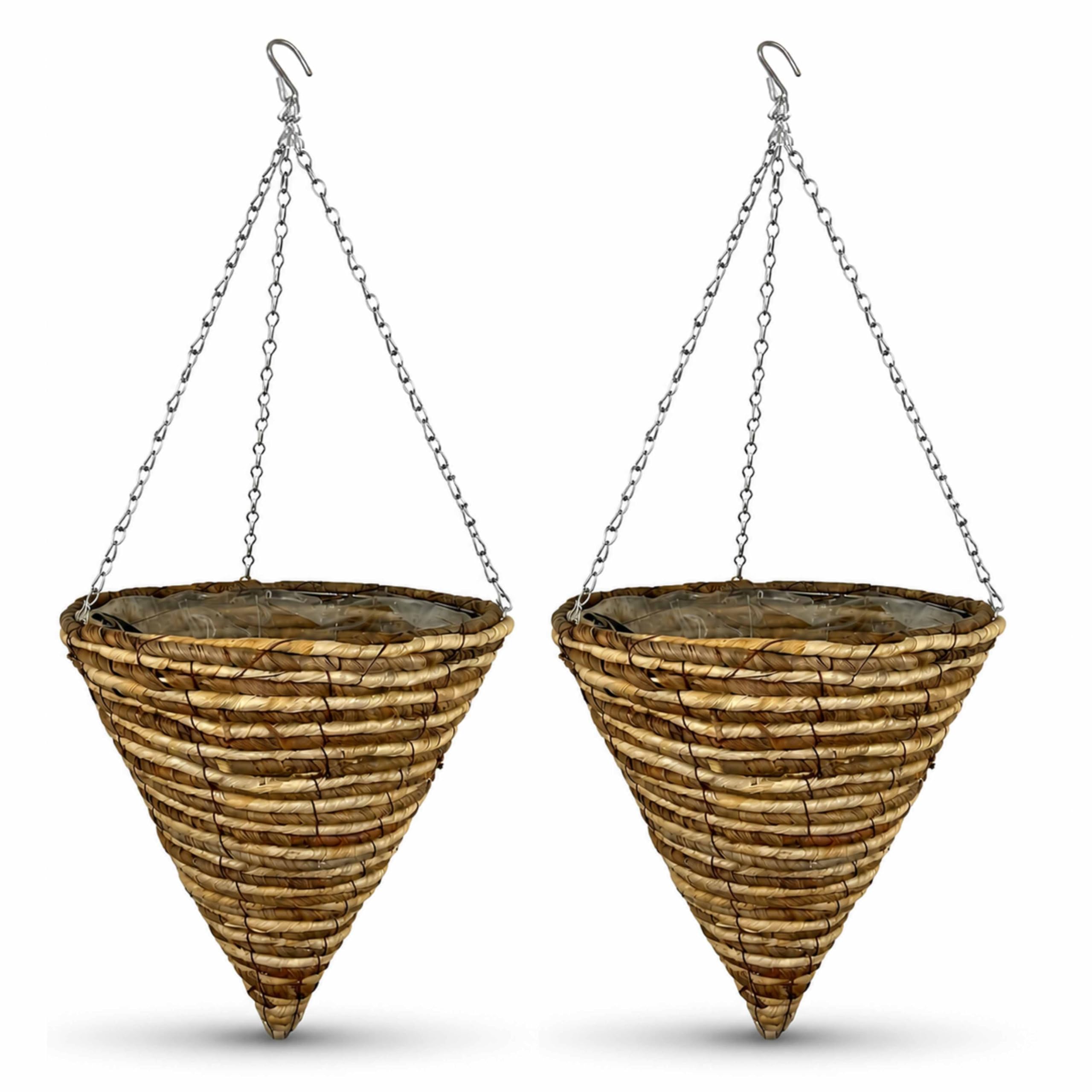 ADEPTNA Set of 2 Cone Garden Hanging Baskets 12 Inches - Natural Basket Hanging Plants Wall Flower Planter Pot with Detachable Hanging Chain for Home Garden Decoration (ROPE BASKETS)