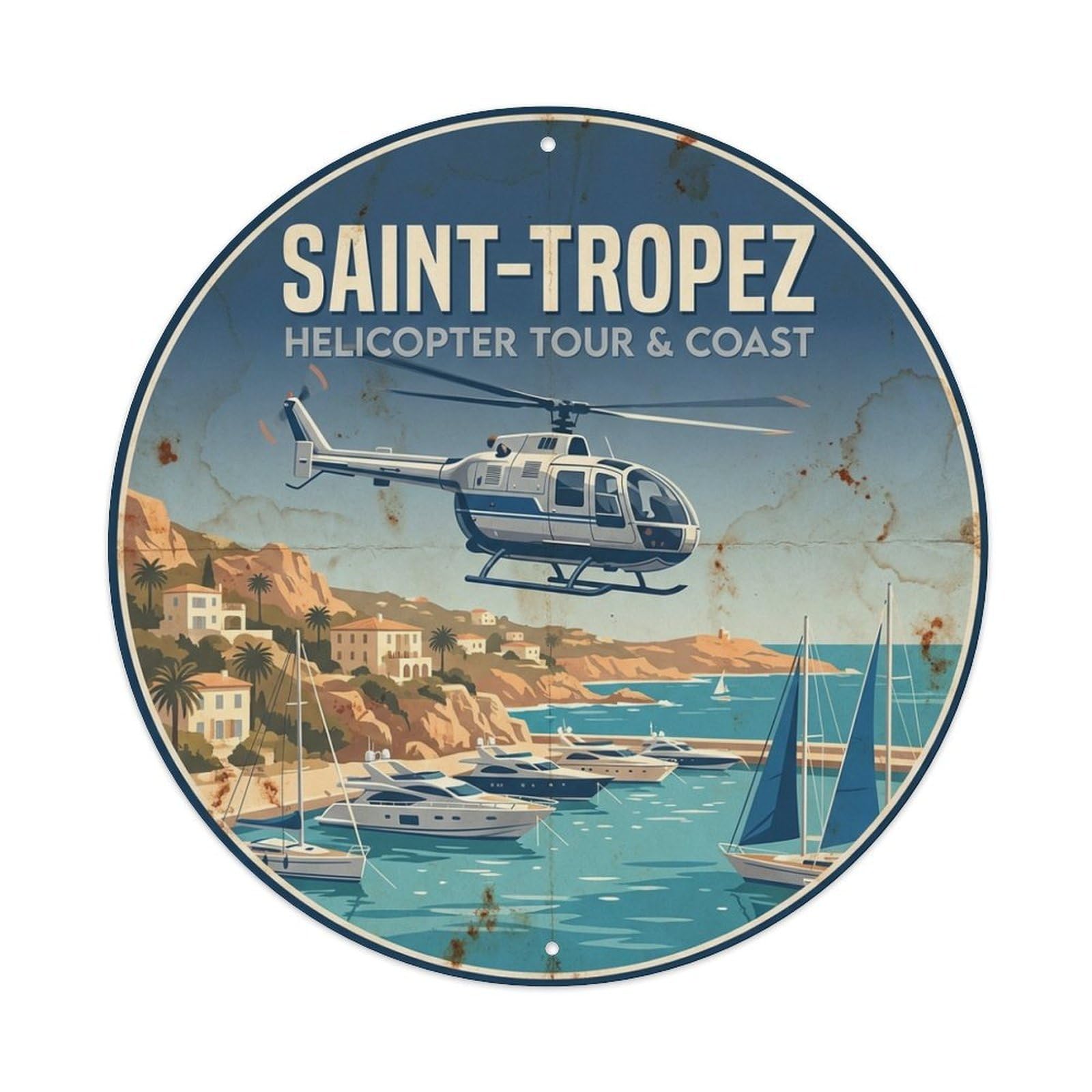 France Saint Tropez Helicopter Tour Coast Beach Travel Metal Tin Sign