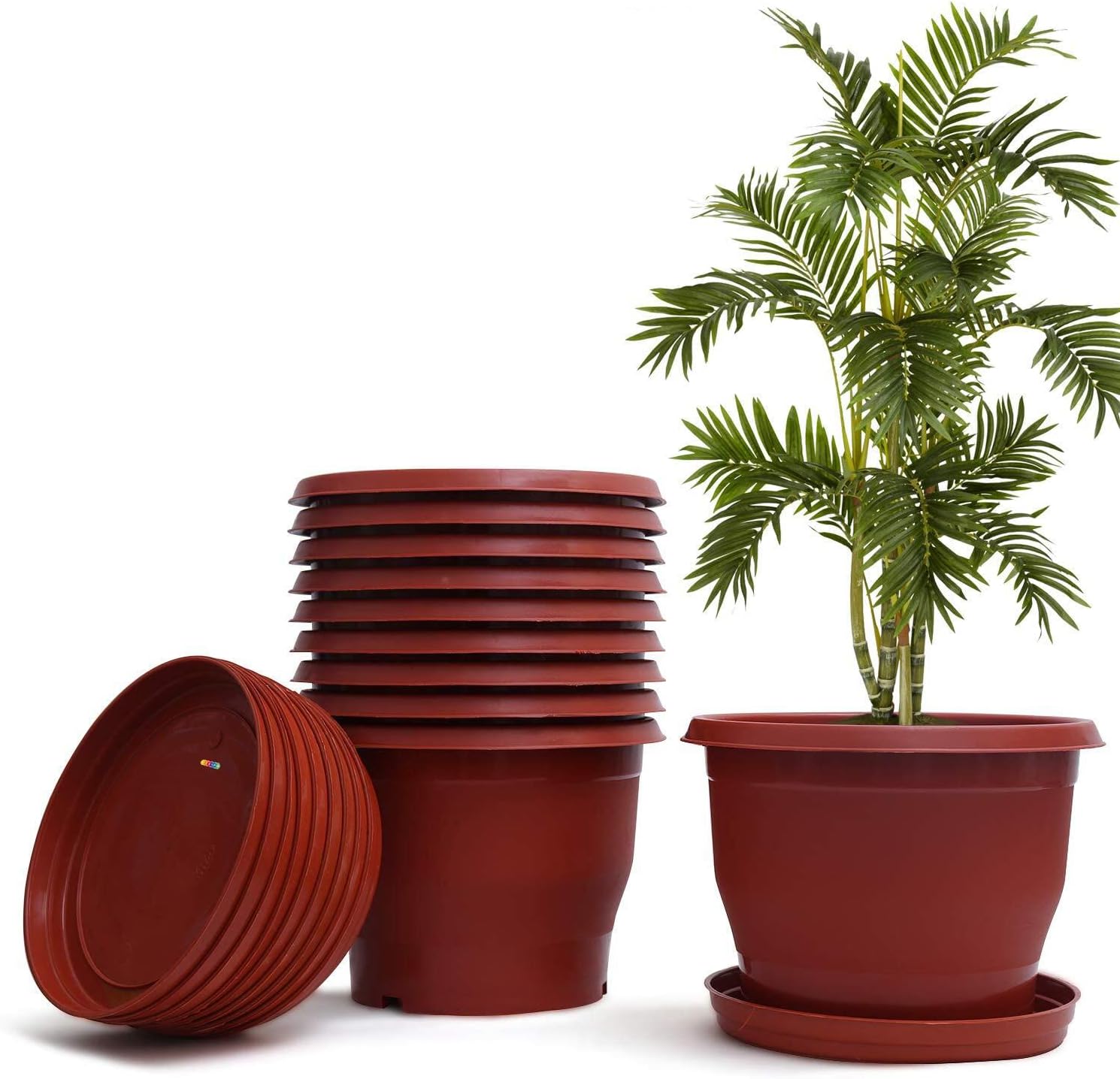 Livzing Plastic Flower Pot with Bottom Tray Set - 12 Inch, Pack of 10 (Brown), Garden Planters with Drain Holes for Home Plants,Plastic Pots for Indoor and Outdoor Gardening with Drip Tray