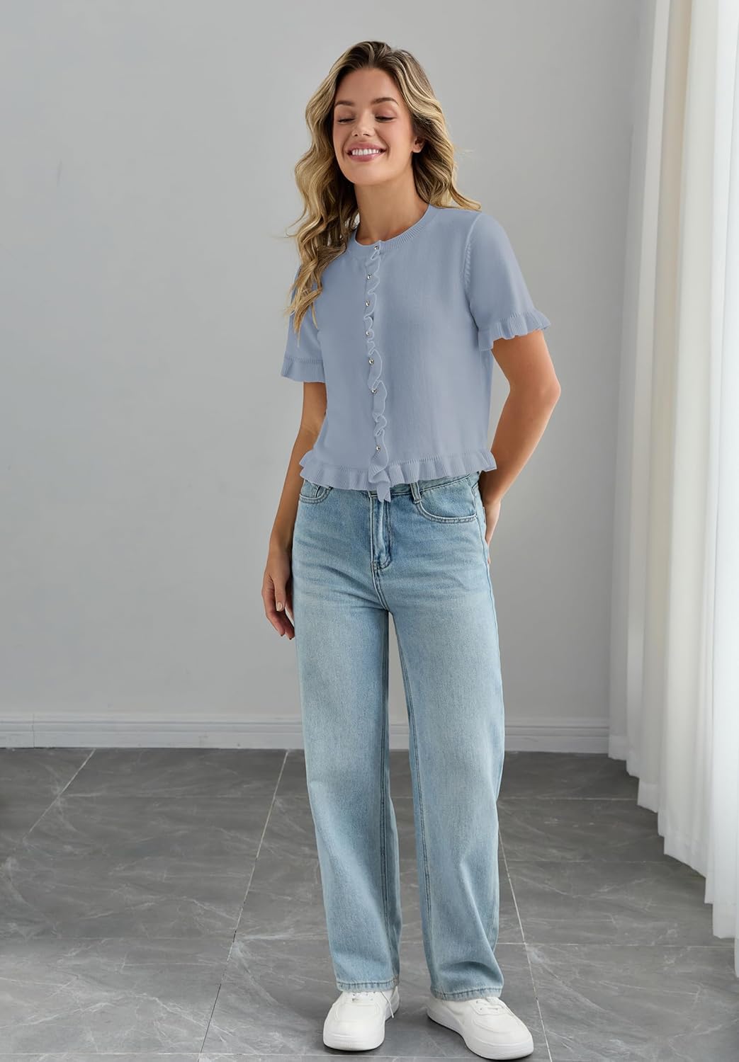 Balimtoy Womens Short Sleeve Sweater Summer Button Down Ruffle Hem Knit Tops Cropped Scalloped Cardigan Shirt - Image 6