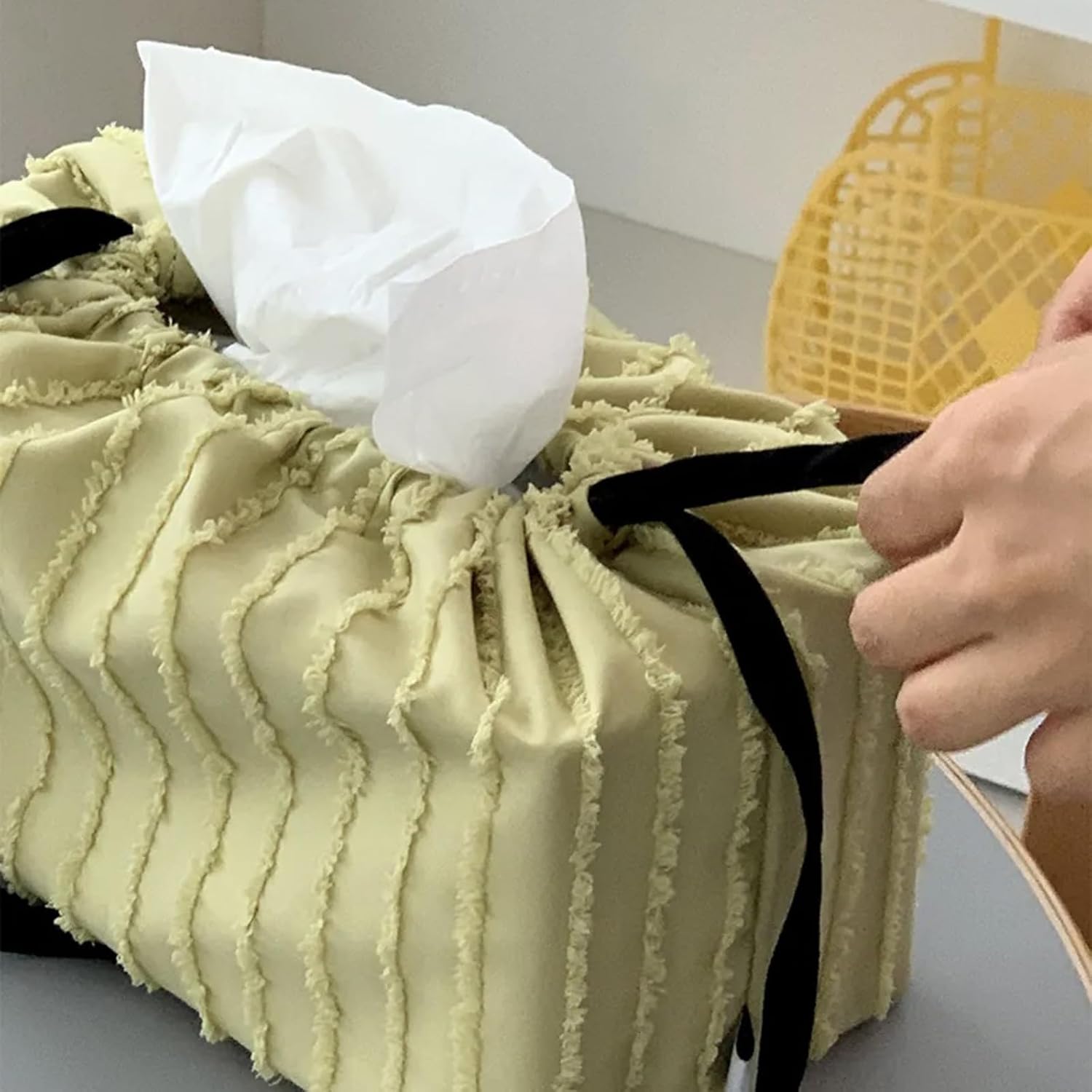 Stylish Tassels Trimmed Fabric Tissue Box Cover Multipurpose Home Decoration Storage Container for Tabletop Display Polyester Drawstring Napkin Holder Tassels Drawstring Tissue Box Cover