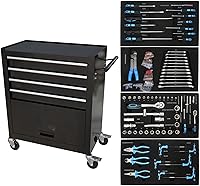 Vista 6 de Carro de herramientas de 4 cajones con ruedas, carrito de herramientas rodante, carrito de servicio industrial de servicio pesado con sistema