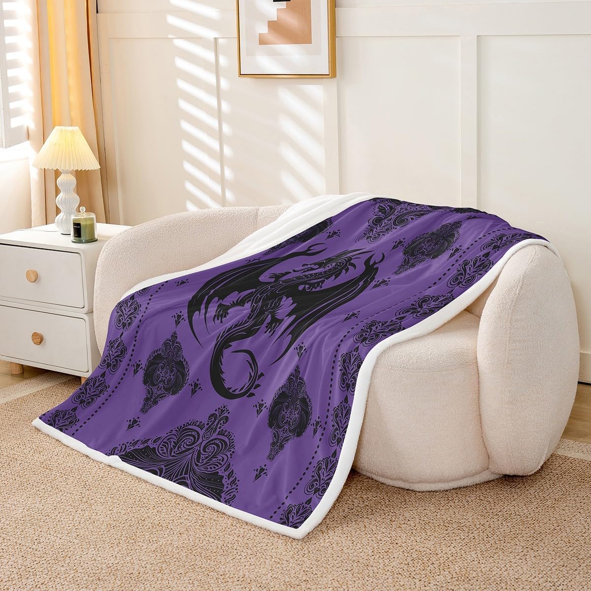 Purple Black Dragon Throw Blanket,Vintage Boho Floral Print Fleece Blanket,Paisley Pattern Fuzzy Blanket for Kids Boys Girls Adult Room Decor Exotic Trippy Sherpa Blanket,for Chair/Sofa,60"×80"