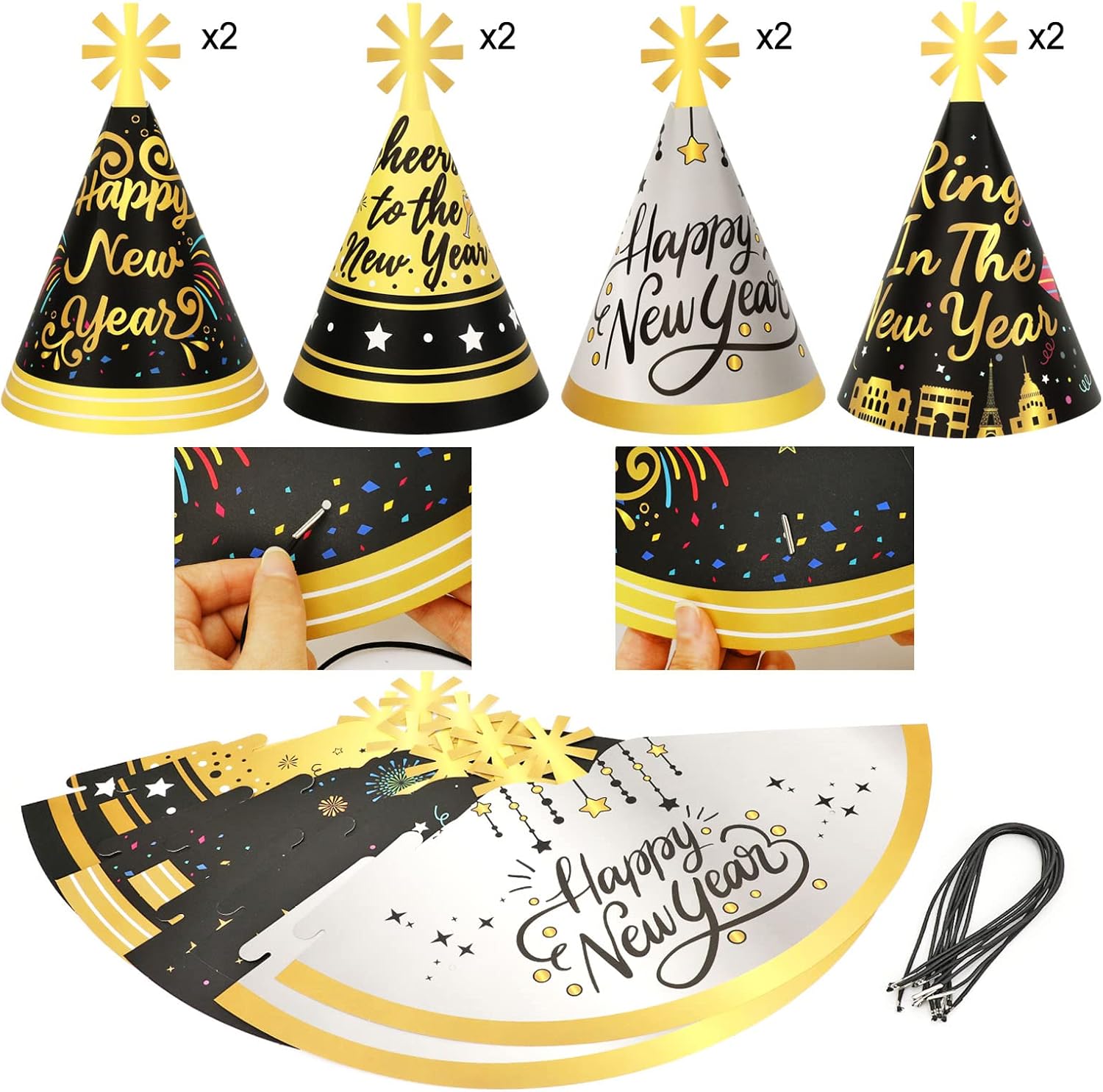 HOWAF 2026 New Year Eve Party Supplies 2026 NYE Decorations Kit - Include Happy New Year Headband Cone Hats Party Blowouts Black Gold Silver NYE Party Favors New Years Eve Accessories Kit, 38 Pieces - Image 5