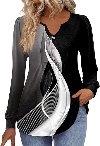 Long Sleeve Shirts for Women V Neck Loose T-Shirts Casual Fall Tees Pleated Dressy Blouses Button Down Tunic Tops