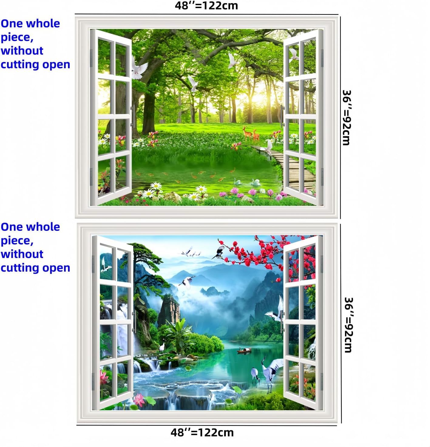 2pcs 3D Self-Adhesive Painting Fake Window Wall Stickers Tropical Island with Palm Trees Wall Mural Window View Wall Decor for Home (Big Tree+Landscape, 36"×48")