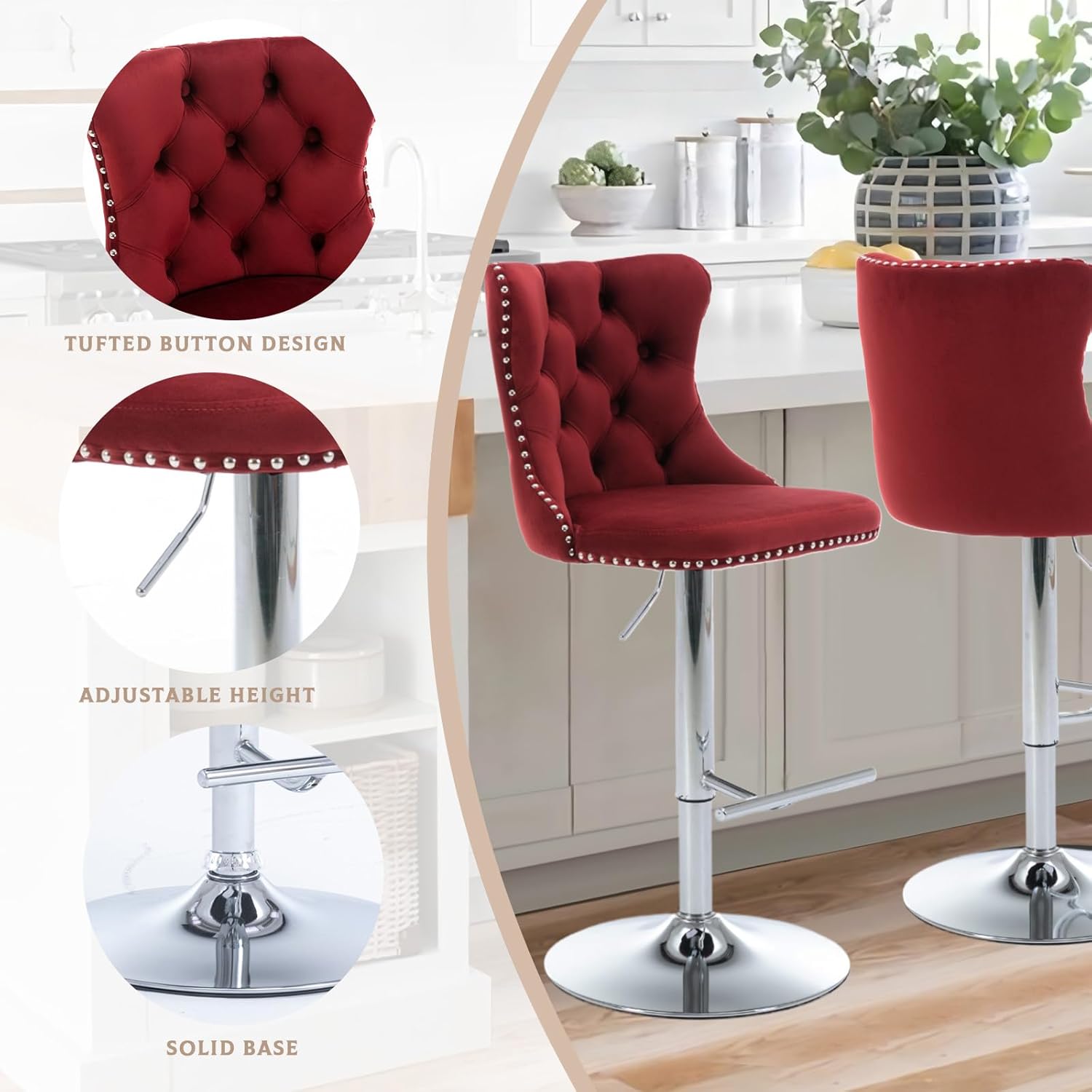 33’’ Velvet Swivel Bar Stools Set of 2 Kitchen Counter Adjustable Height Upholstered Barstools with Silver Leg and Back for Kitchen Island, Bar, Dining Room(Wine Red-Silver Leg,Set of 2)