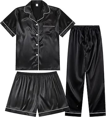 3 Piece Silk Satin Pajama Set for Women Soft Short Sleeve Button Down Pjs with Shorts Long Pants