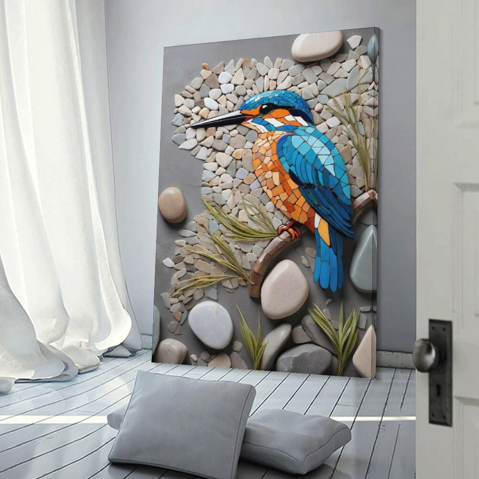 Junmoney Frame-Style-2 Kingfisher Mosaic Art With Stones Canvas Wall Picture, 20X30inch(50X75cm), For Flats, Guest Rooms Or Compact Rooms, An Easy Choice For New Home Styling