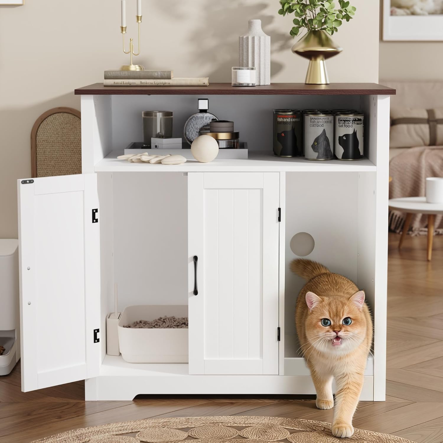 MHOM Large Cat Litter Box Enclosure, Hidden Litter Box Furniture with Scratch Pad and Shelf, Indoor Cats House for Living Room, White