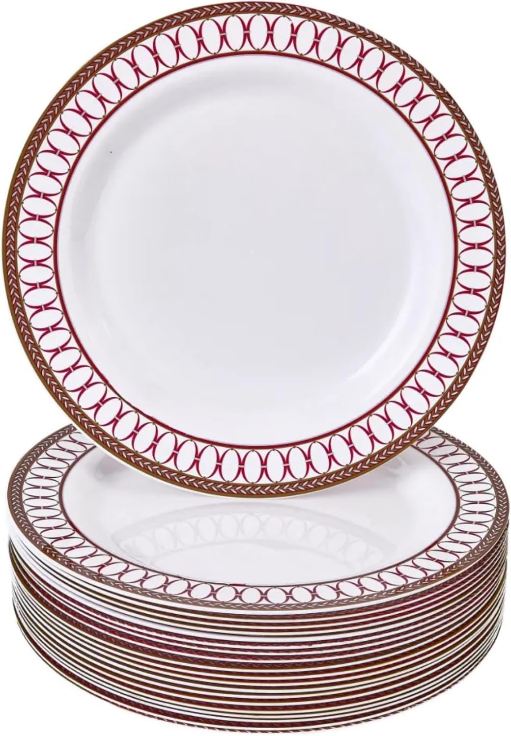 Silver Spoons Renaissance Collection White with Red Rim Plastic Plates - 9" (Pack of 20) - Perfect for Weddings, Birthday Parties & Special Occasions