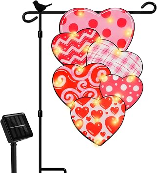Valentine Garden Flag - 12x18 Inch Double-Sided Solar Powered LED Heart Flag with 8 Lighting Modes, Perfect for Outdoor Yard and Home Valentines Day Decorations