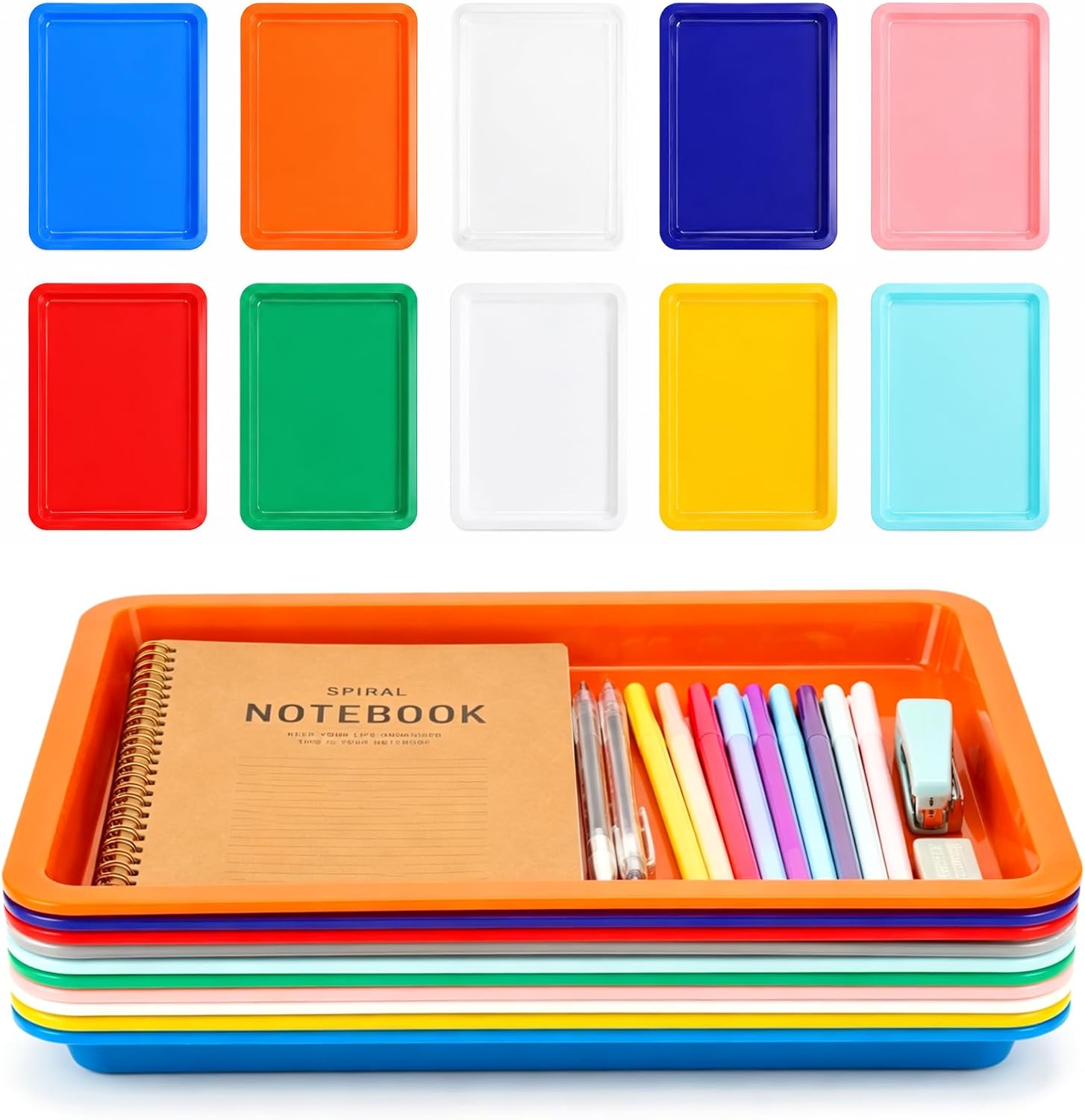 10 Pack Plastic Art Trays – 10 Colors Activity Craft Tray, 13.4" x 10" x 1" Organizer Tray for DIY Projects, Painting, Beads, Play Dough, Slime – BPA Free PP Material, Stackable for Easy Storage