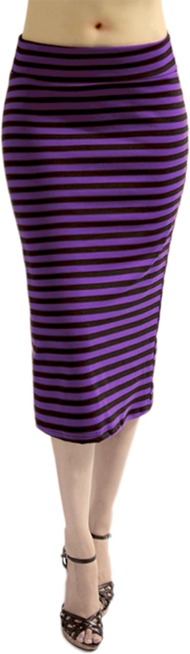TrendzArt Azules Below The Knee Stripe Pencil Skirt - Made in USA (Small, Black & Lavender)