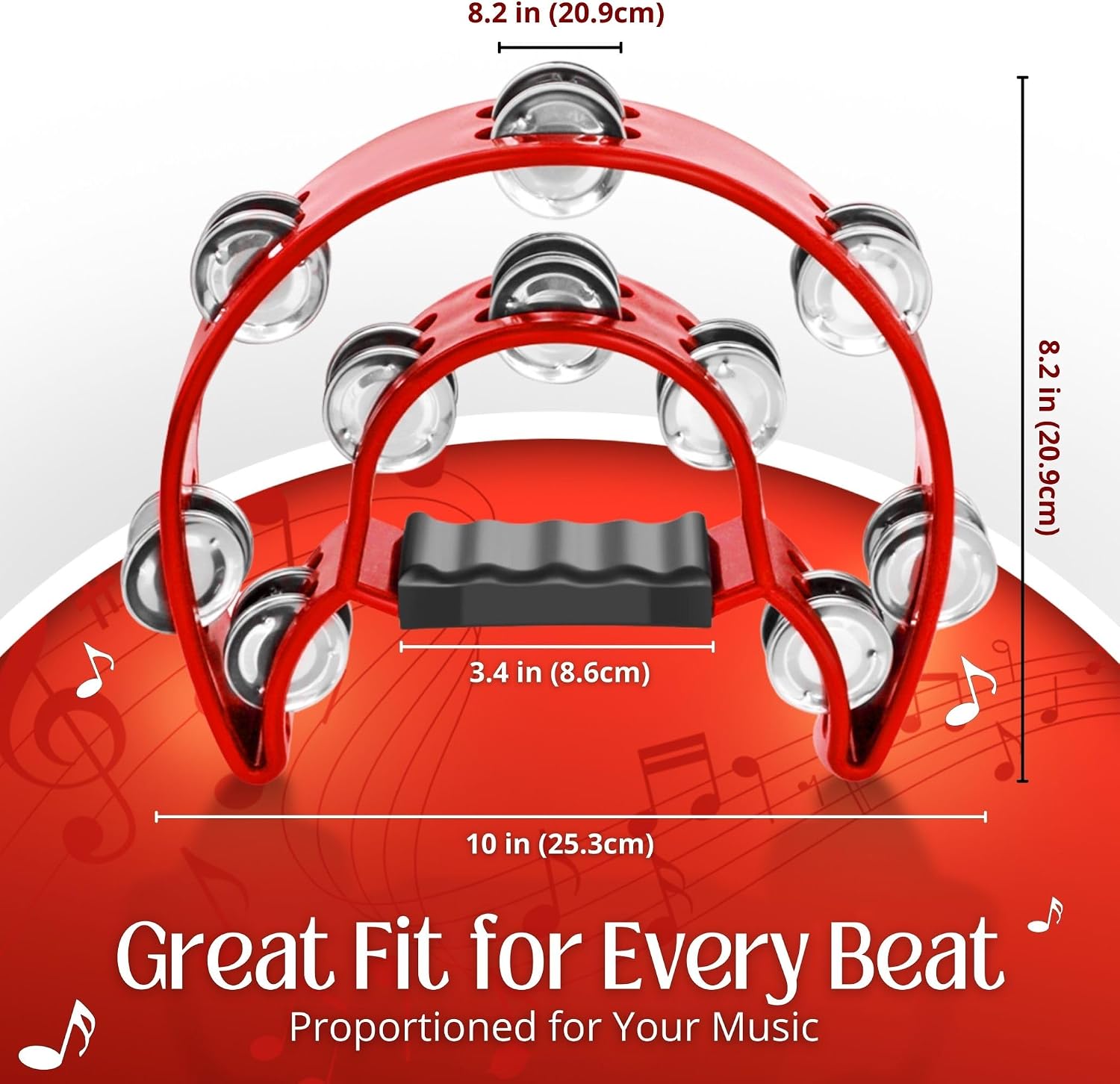 Flexzion Tambourine Metal Half Moon Musical Instruments Double Row Metal Jingles Hand Held Instruments Percussion with Ergonomic Handle Grip, Tambourines for Adults, 2 Packs - Red image 4