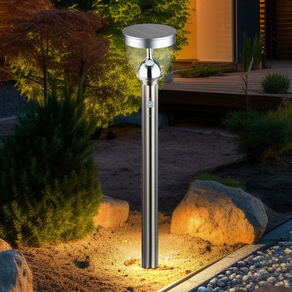 LED Solar Außen Steck Lampe Terrassen Bewegungsmelder Erdspieß Edelstahl Steh Leuchte Globo 33437