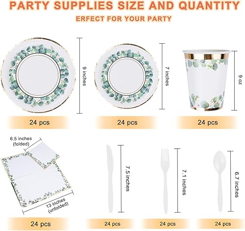 Miniatura 9 de Suministros de fiesta de eucalipto vegetación de selva, (168 piezas sirven 24) platos de papel desechables de lámina dorada, servilletas, vasos,