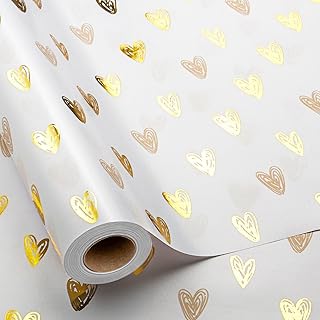 MAYPLUSS Foil Hearts Wrapping Paper Roll - 17 Inch X 33 Feet - Luxury Metallic Golden Heart Design Holiday Gift Wrap Present Paper for Valentine’s Day, Birthdays, Wedding, Anniversaries