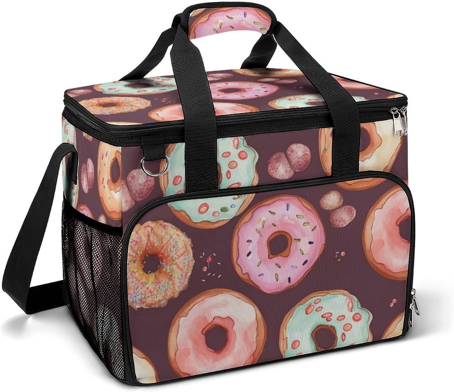 Large Capacity Oxford Cloth Pretty Donuts Printed Camping Ice Bag, Outdoor Portable Insulation and Cooling Bag, Suitable for Outdoor Camping and Picnics