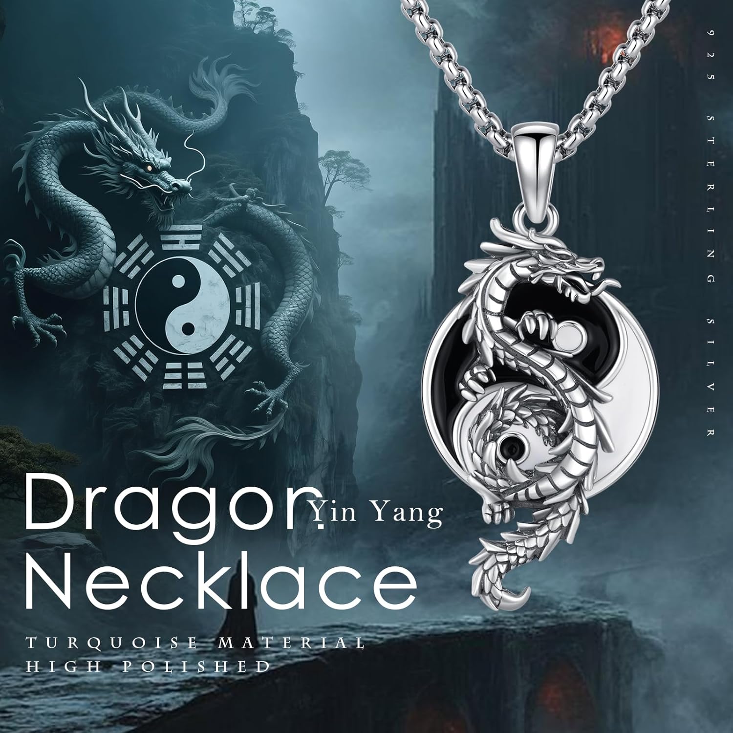 Dragon Necklace 925 Sterling Silver Oxidized/Solid 24K Gold Over Dragon Pendant Unisex Jewelry Valentine's Day Gift for Men Women