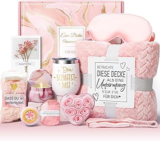 Geschenke für Frauen,11tlg Rosenduft Bade Geschenkset Frauen, Geburtstagsgeschenk, Entspannende Spa Geschenk Korb Care Paket, 12 OZ Edelstahl Weinbecher und Decke, für Freundin Schwester Ehefrau