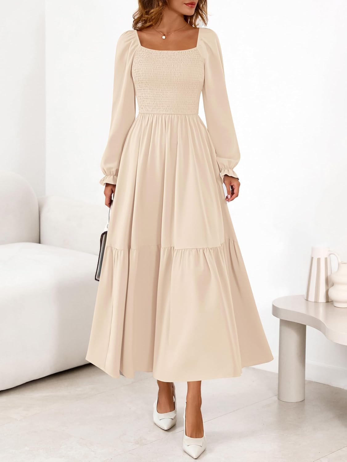 MASCOMODA Womens 2026 Spring Long Sleeve Casual Midi Dress Smocked Square Neck High Waist Flowy A Line Wedding Guest Dresses - Image 3