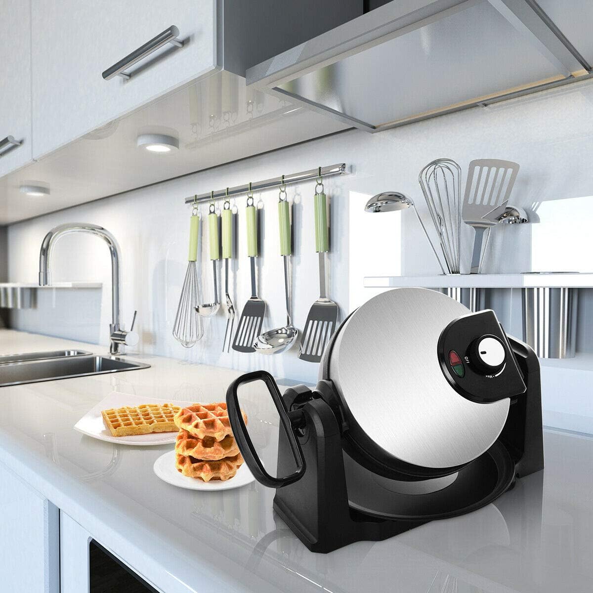 COSTWAY Flip Belgian Waffle Maker in a closed position, rotated 180 degrees, demonstrating its flip feature for even cooking.