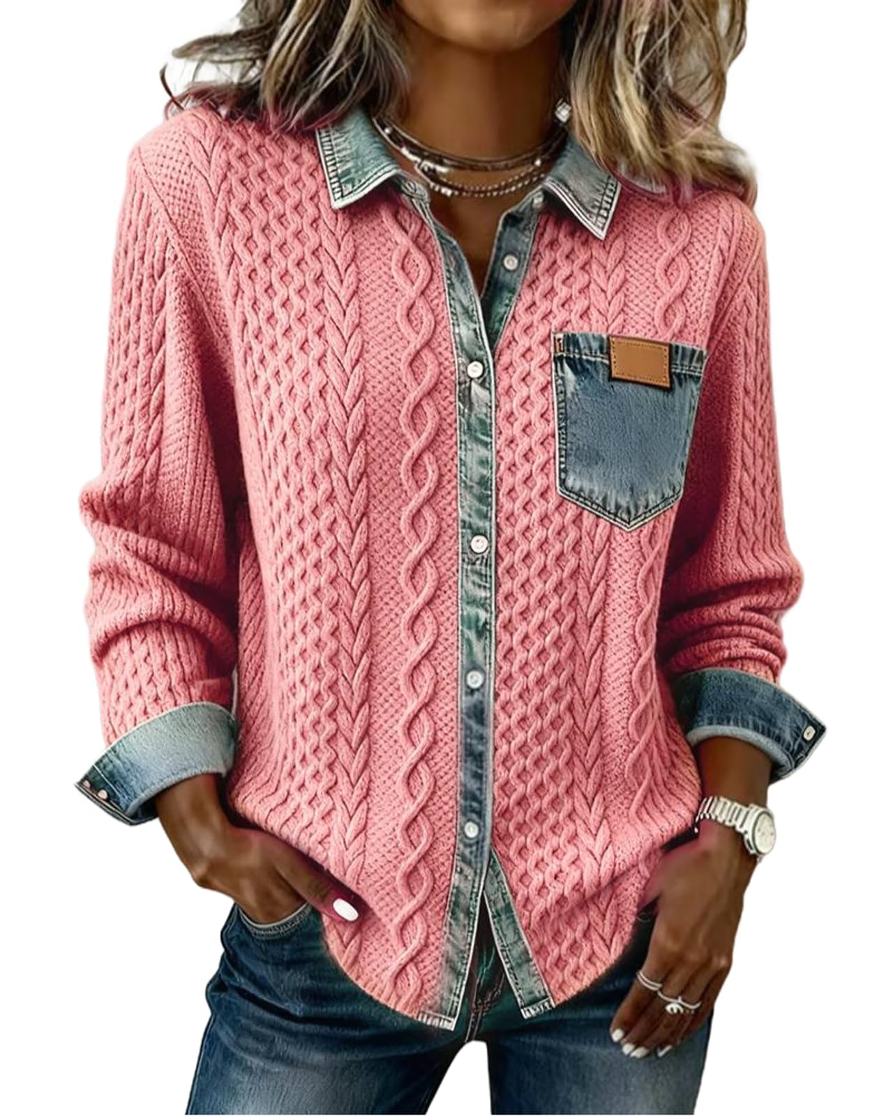 Womens Knitted Spliced Denim Shirt Autumn and Winter Fashion Retro Cardigan Jacket