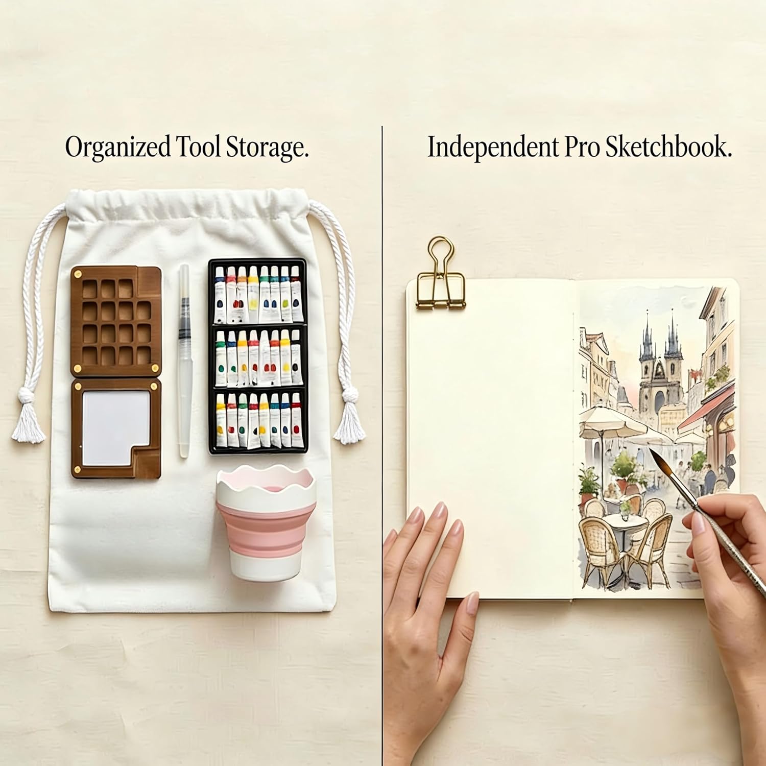 Condition photo showing Brand New for mini black walnut watercolor travel set: portable modular kit with 24 pro colors, canvas tool bag, 300gsm sketchbook, collapsible cup & brass clip - luxury gift for urban sketching & plein air