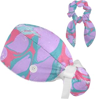 FVQL 2 Pieces Surgical Cap for Long Hair Scrub Cap with Hairband Nurse Cap, Marble Texture Abstract Pattern