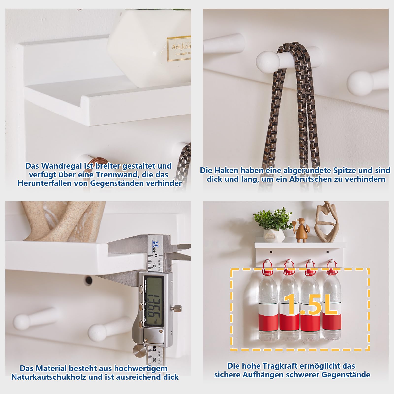 Aibiju Wandgarderobe mit Ablage, Kleiderhaken aus Holz mit Wandregal, 40 cm Wandregal, Schlüsselhalter für den Eingangsbereich, für Badezimmer, Küche, Kleiderhaken, Weiß YD-WS0240W