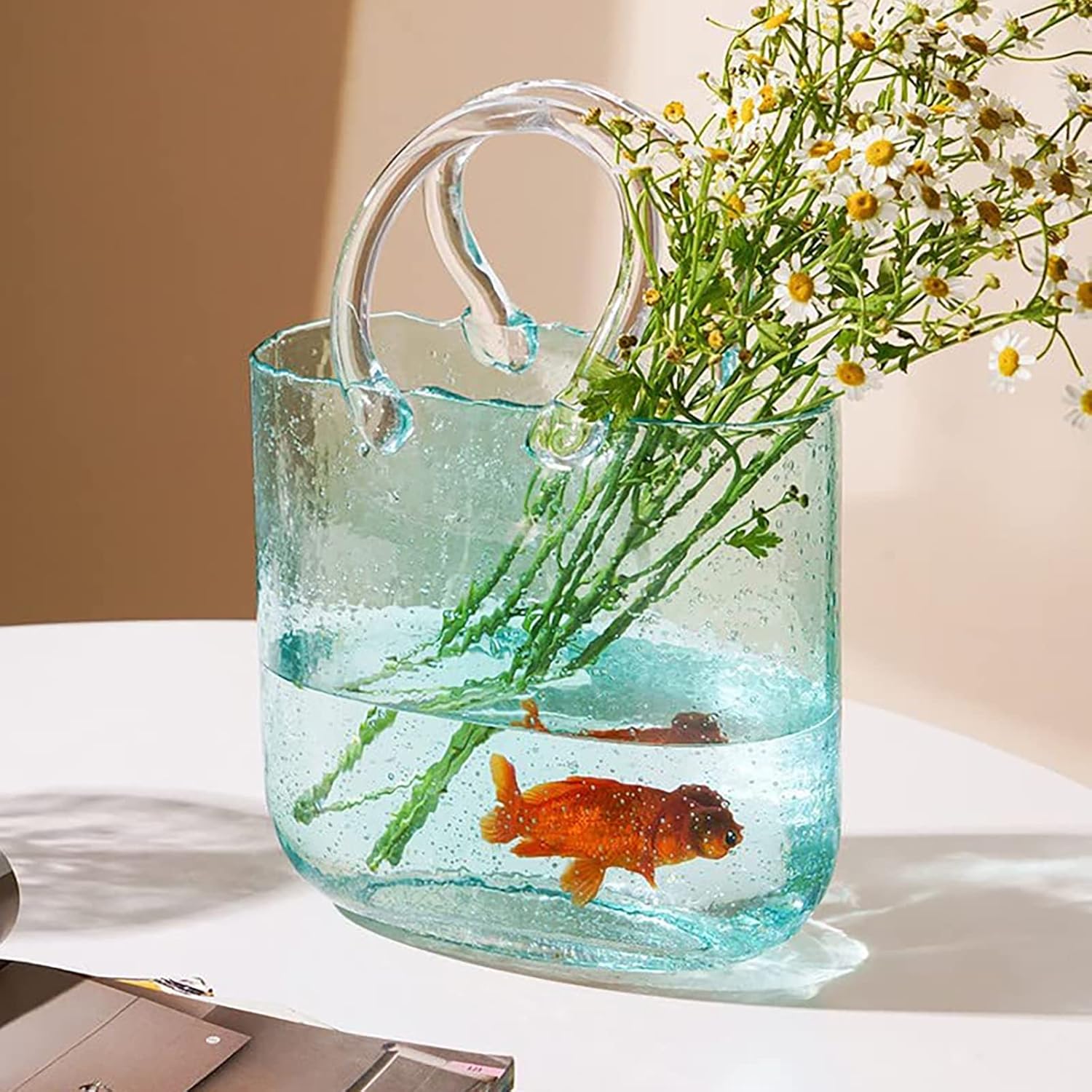 BQOQB Unique Blue Glass Bag Vase Clear Purse Vases with Elegant Design Flower vase for Home Decor Floral Arrangement, Enterpiece, Events, Office, Garden, Wedding Décor