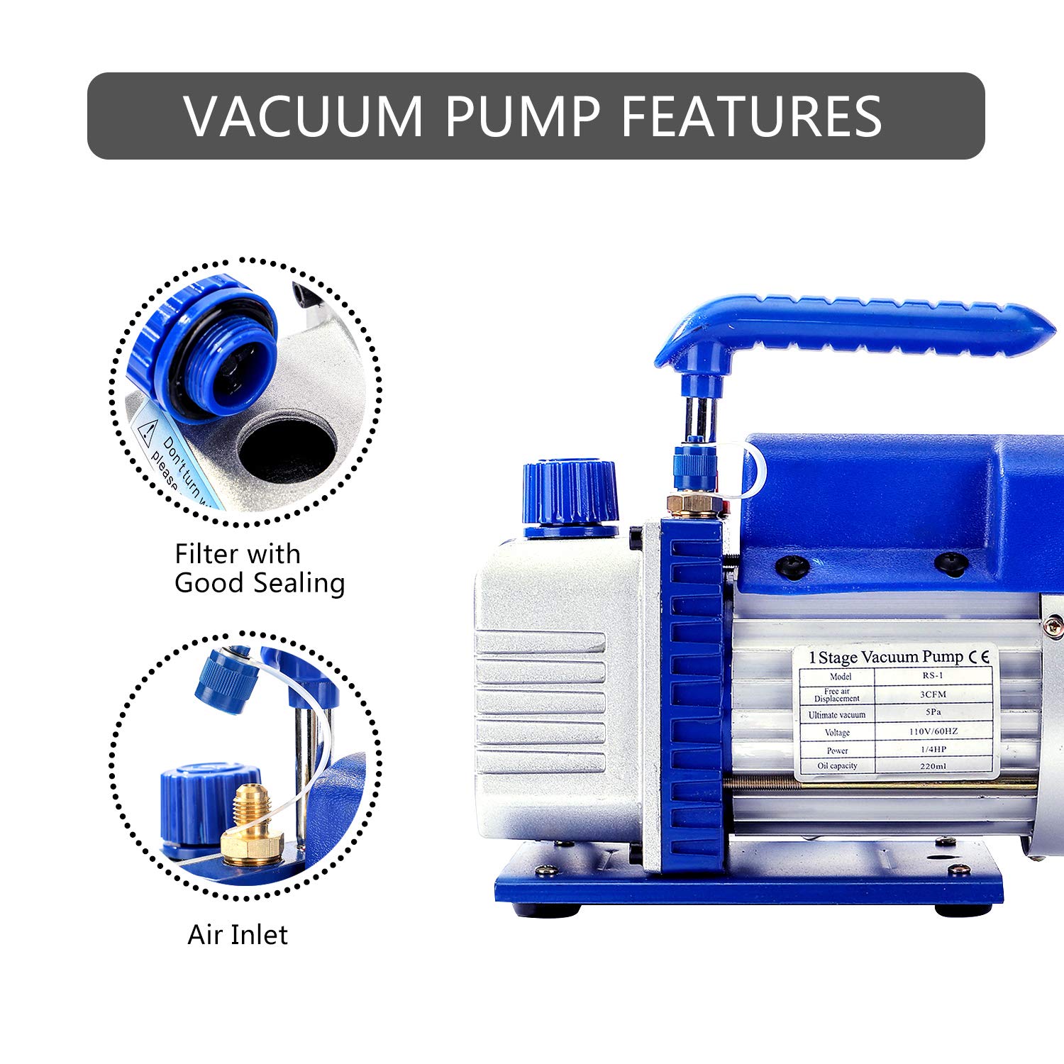 P PBAUTOS 3CFM 1/4HP SingleStage Rotary Vane AC Vacuum Pump HVAC, Air