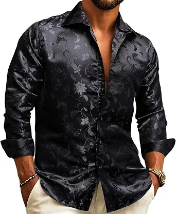 Barry.Wang Men's Silk Shirts Floral Paisley Button-Down Dress Shirt
