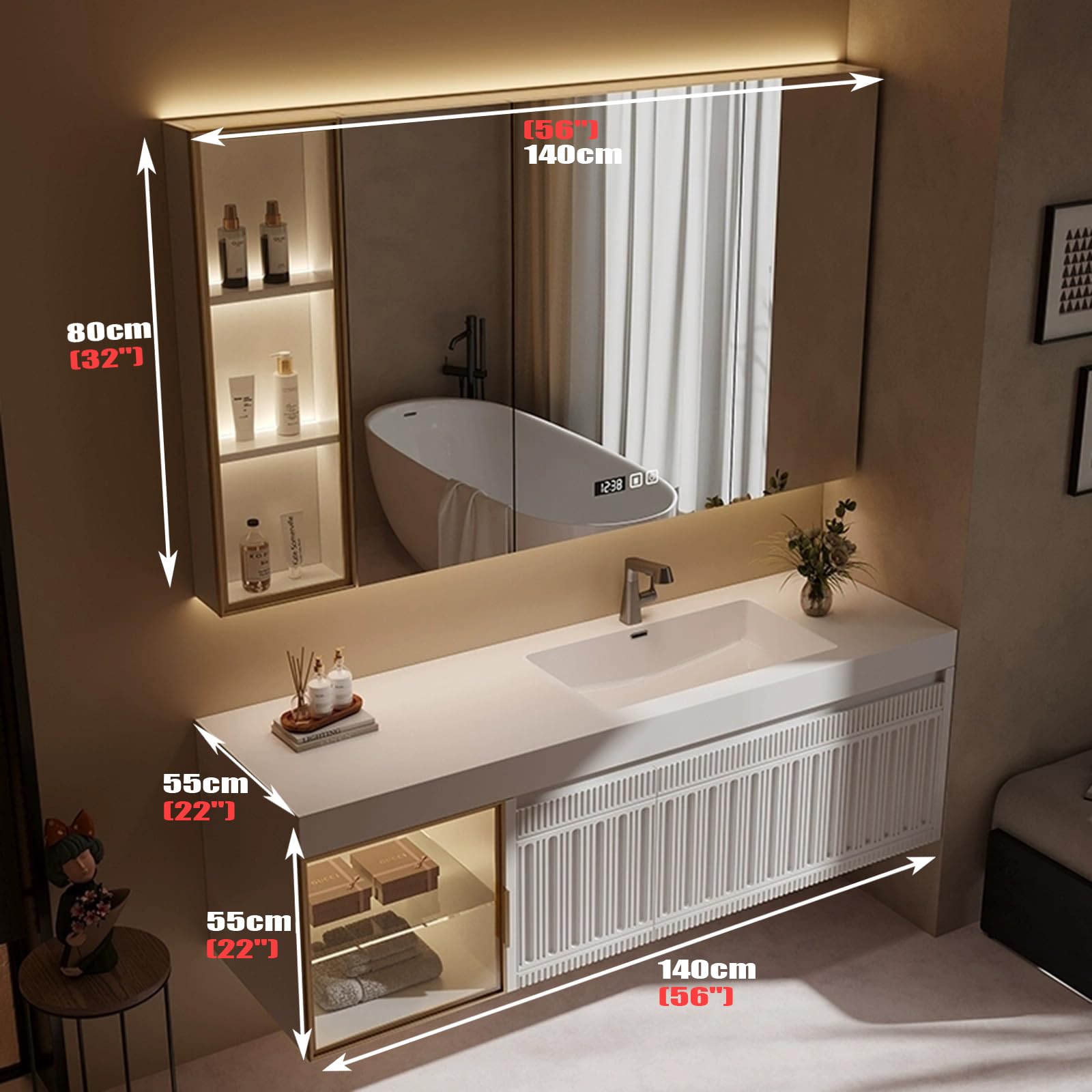 Mueble De Baño con Lavabo Incluido, Cajones, Puertas, Estilo Moderno Nórdico Vintage, Muebles De Baño con LavaboWhite,140cm/55in