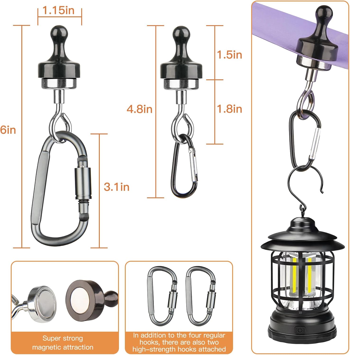 Magnetic Hooks for Canopy for Camping Trip, 4 Pack Skylight Tent Fixer Hook with 2 Pack Large Size Buckle，Heavy Duty Earth Magnets,Suitable Tents Swivel Snap (Large & Black)