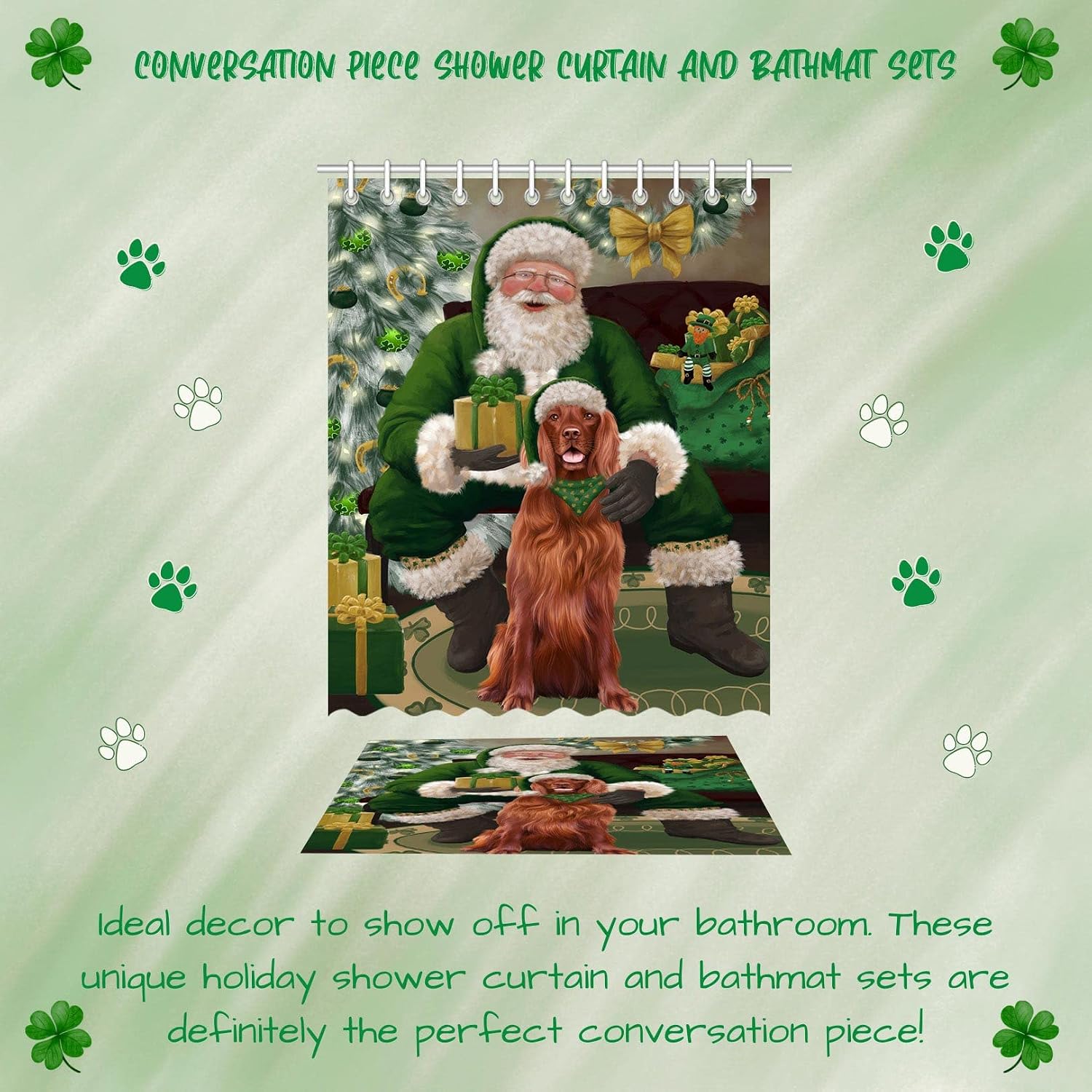 Christmas Irish Santa with Gift and Irish Red Setter Dog Shower Curtain & Bath Mat Combo - Bathroom Rug Mat Bathtub Curtain Screens with Hooks, BMSC90190 BM 20''x 32'', SC 72"x84" image 4