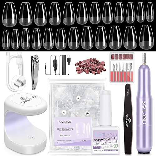 SAVILAND Advanced Gel Nail Kit: Salon Grade Nail Kit with Portable Light Short Coffin Nail Tips 500 Pcs 12 Sizes 30 Days Long-Wear Nail Kit Acrylic Set with U V Nails Glue Nail Lamp Drill DIY At Home