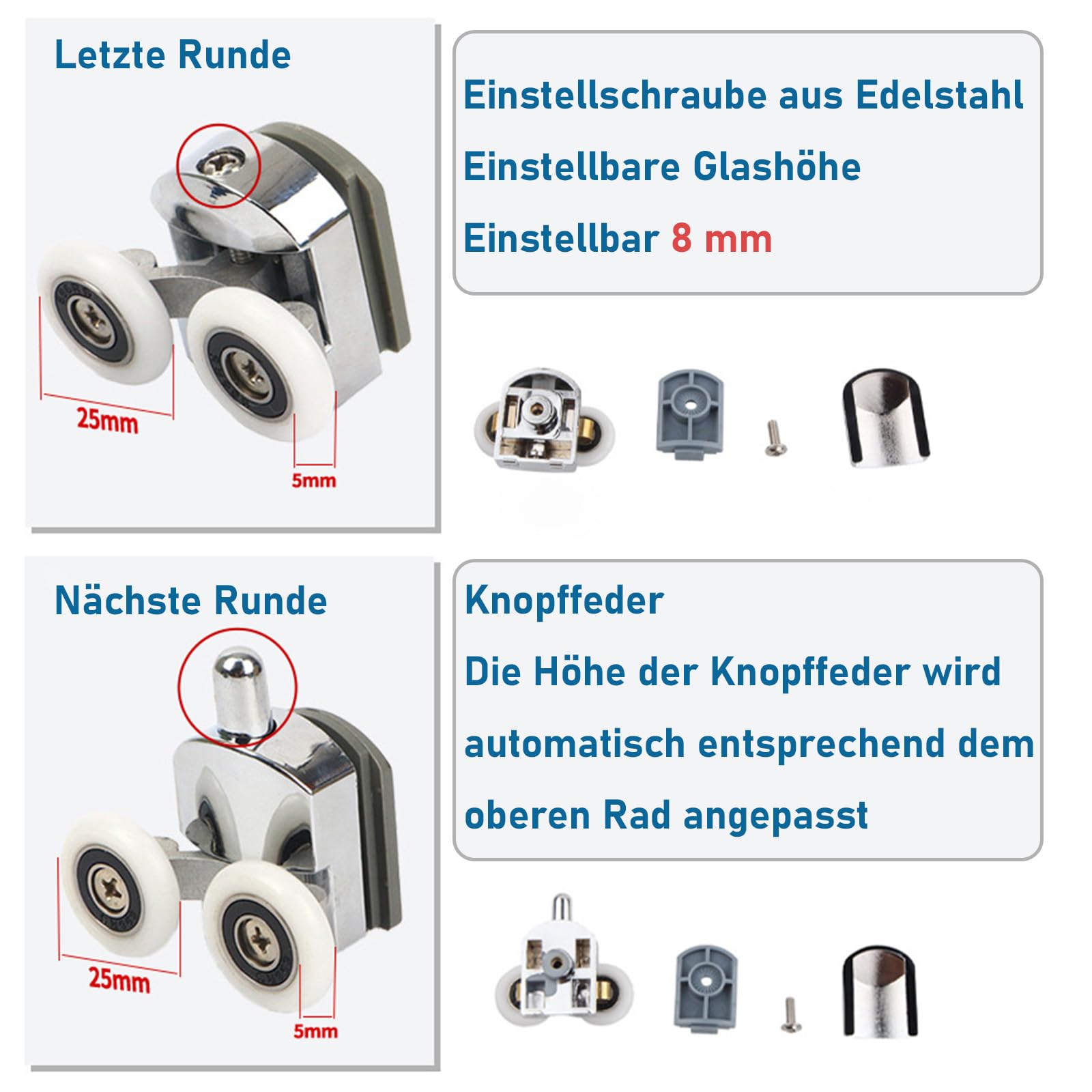 8 Stück Duschtürrollen Ø 25 mm, Robuste Zinklegierung Laufrollen für Schiebetüren Duschkabinen, Leise Rostfrei Ersatzrollen für 4-6 mm Glas Badezimmer, 4 Oben 4 Unten Duschkabinen Ersatzteile