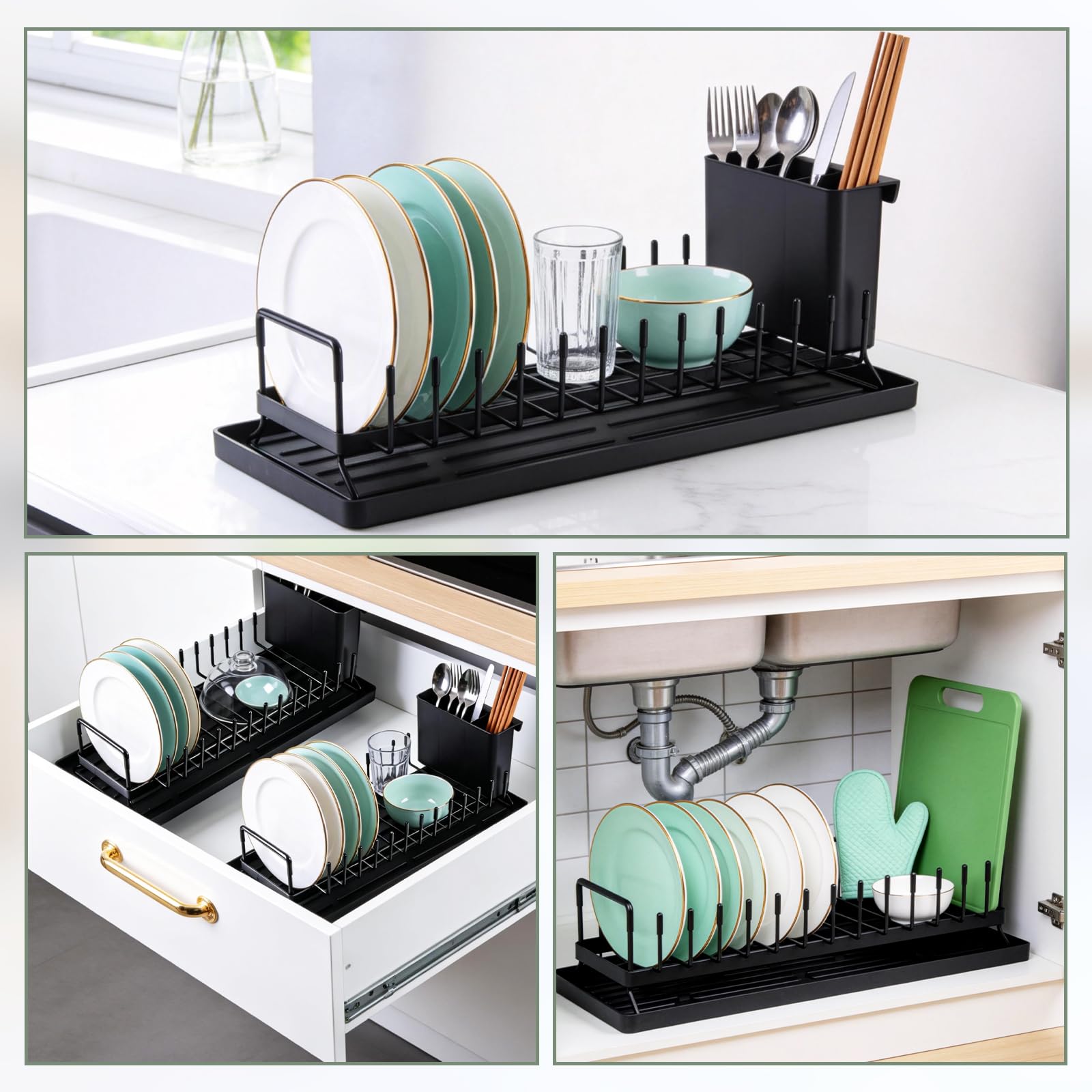 Zocipro Scolapiatti da Appoggio Compatto in Acciaio Inox con Tappetino in Silicone e Portaposate – Salvaspazio per Cucine Piccole, Monolocali, Case e Camper - Nero