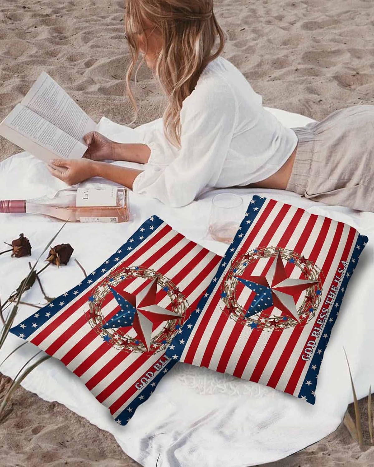 Waterproof Rectangle Pillows for Outdoor Patio 20x12in-1 Pack,Patriotic 4th of July Freedom Star Decorative Pillow Cover with Inserts Throw Pillows for Couch Sofa Tent,Red Stripe on Linen Flax