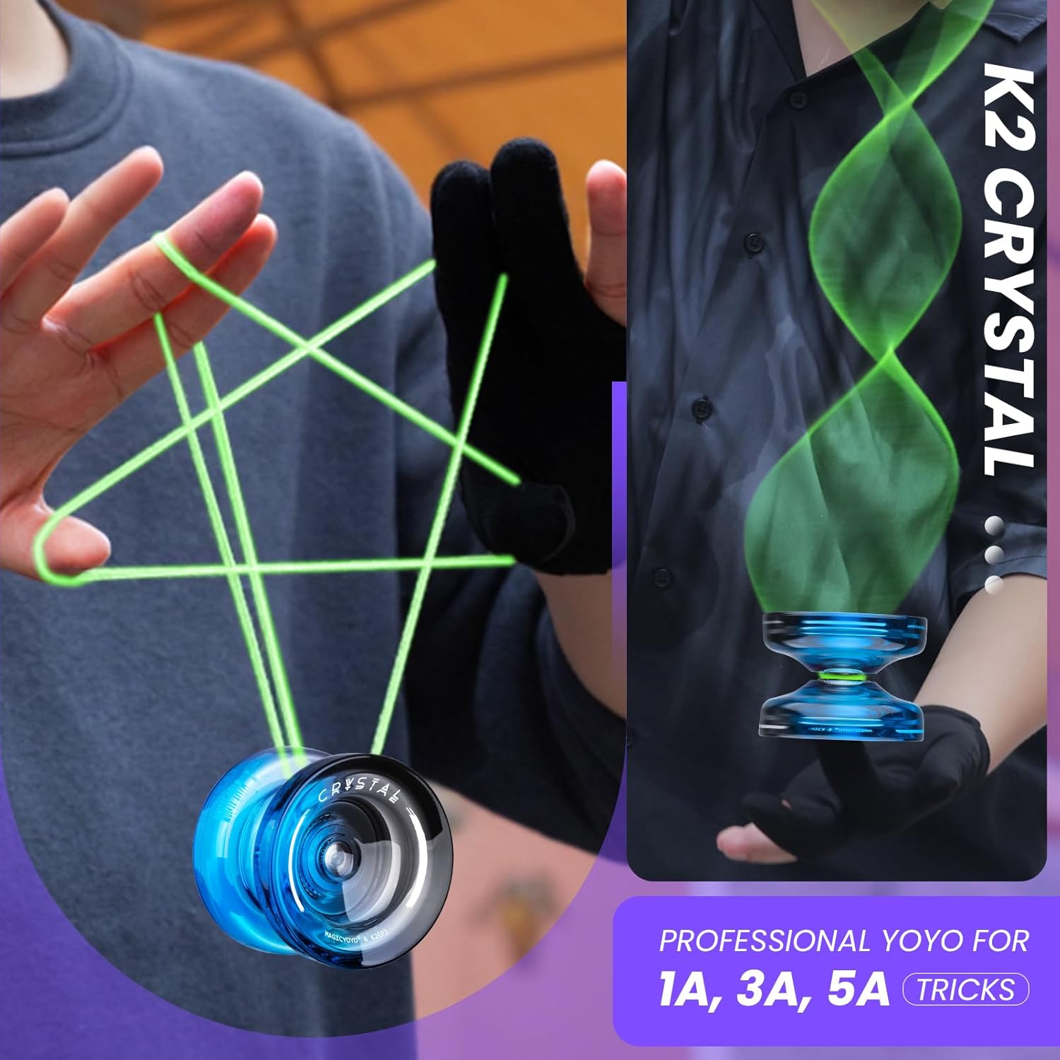 MAGICYOYO Responsive JoJo for Kids K2 Crystal Black Blue, 2 in 1 Responsive & Unresponsive Yoyo, Finger Spin Trick JoJo with Unresponsive Ball Bearings, 12 Yo Yo Cords, Yo Yo Accessories