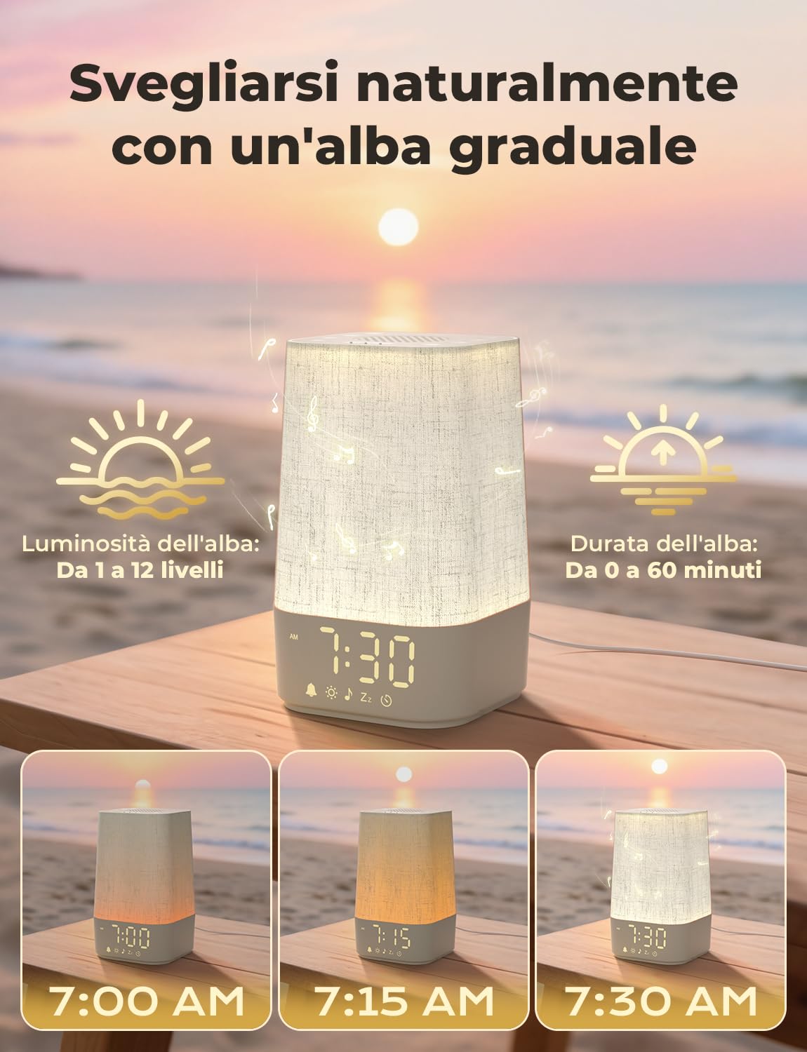 LIORQUE Sveglia Luminosa, Lampada da Comodino con Sveglia, Simulazione dell'alba, 13 Livelli di Luminosità, 10 Tracce di Rumore Bianco e 20 Melodie Della Natura, Funzione Sveglia e Snooze