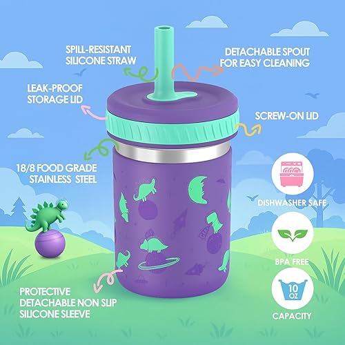 Miniatura 2 de Sursip Vasos para niños pequeños con tapas y popotes, de acero inoxidable, a prueba de derrames, para batidos y aperitivos, sin BPA, aptos para