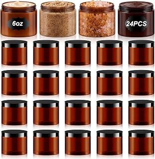 24 Pcs 4/6/8/10/12oz Plastic Amber Jar Container with Black Lid and Label Refillable Empty Round PET Cosmetic Sample Slime Jar for Lotion Cream, Body Butter, Travel Storage(6oz, Black Lid)