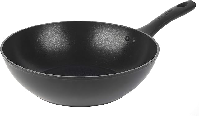 Salter BW08779 Non-Stick Stir Fry Pan, 5 X Tougher* Diamond-Effect Non-Stick, Induction Hob Suitable, Dishwasher Safe, Advanced Hi-Low Technology Reduces Burning, Geo Hex, 28 cm, Black